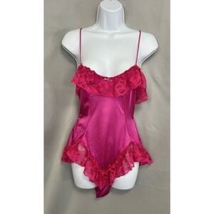 Vintage CINE STAR Hot Pink‎  Lace TEDDY ROMPER LINGERIE - Size Small EUC Y2K